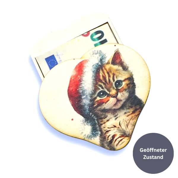Geldgeschenk Holz - Herz mit Katze Weihnachten bedruckt